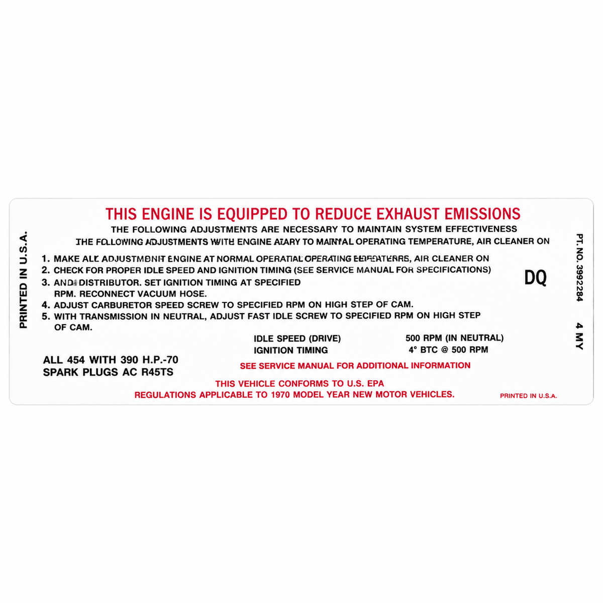 Decal Emissions Code Dq All 454 With 390 H.P.-70